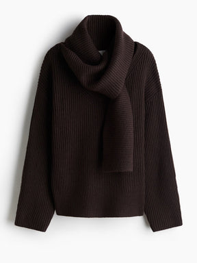Rib-knit scarf-collar jumper