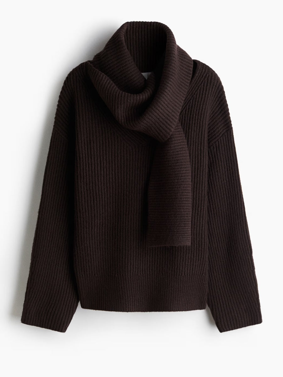 Rib-knit scarf-collar jumper