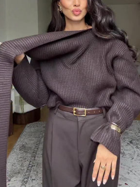 Rib-knit scarf-collar jumper