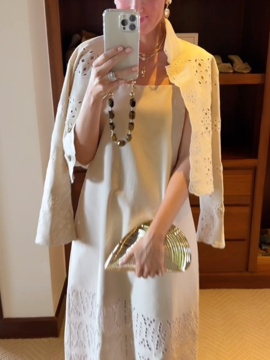 Beige Eyelet Jacket Dress Set