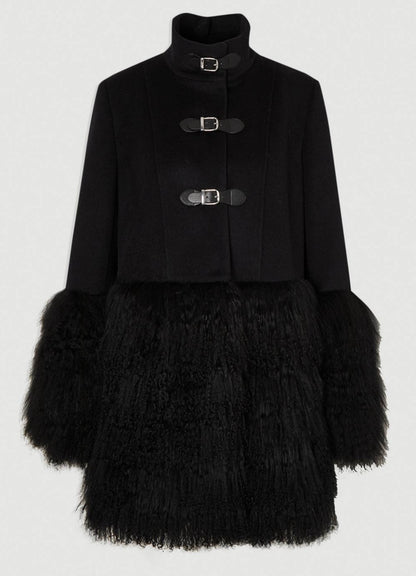 Brushed Wool And Shearling Buckle Detail Short Tailored Coat