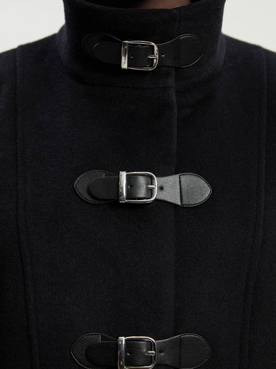 Brushed Wool And Shearling Buckle Detail Short Tailored Coat