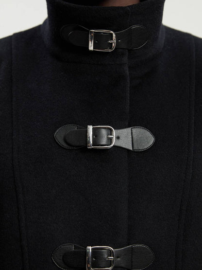 Brushed Wool And Shearling Buckle Detail Short Tailored Coat