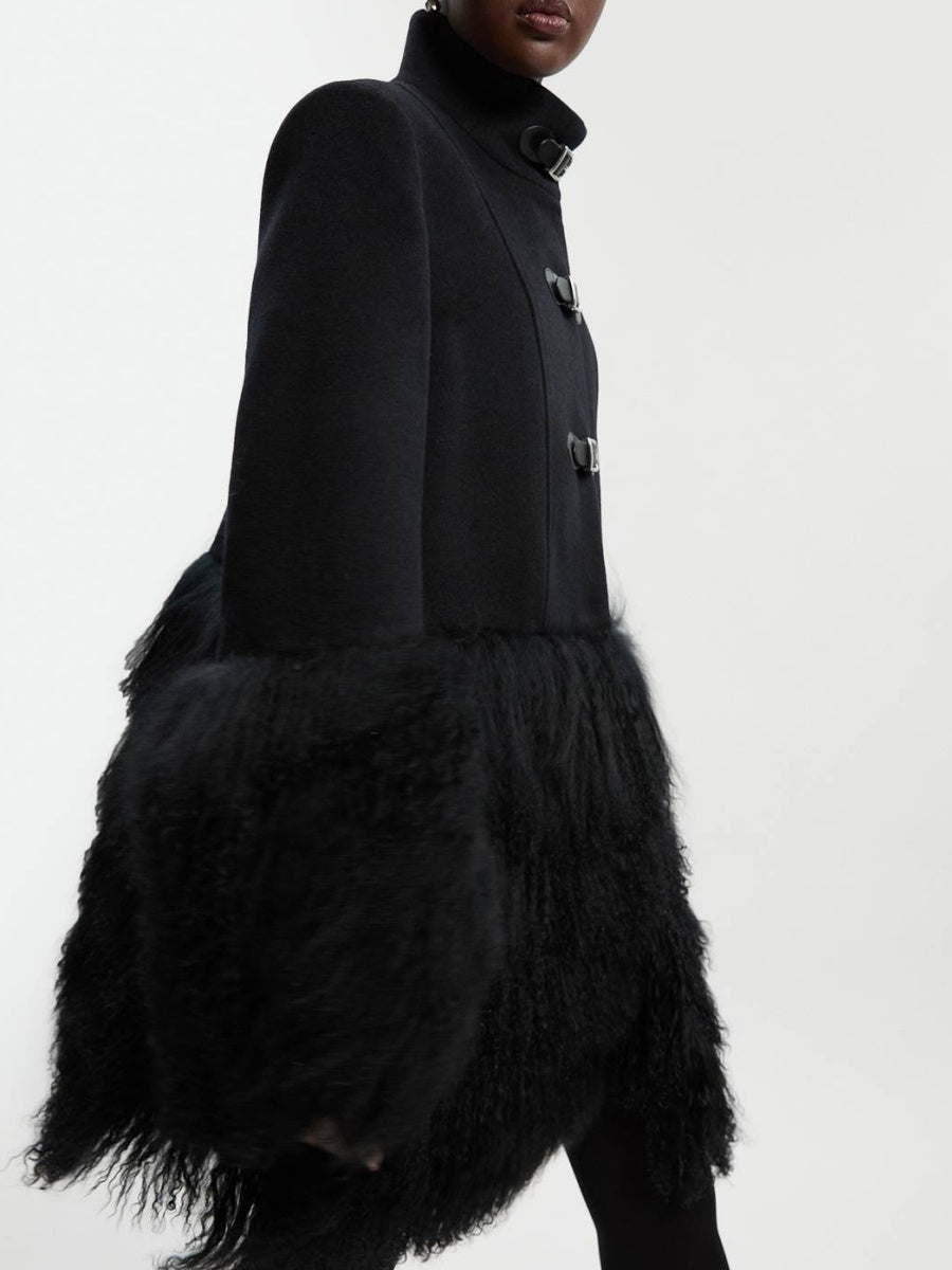 Brushed Wool And Shearling Buckle Detail Short Tailored Coat