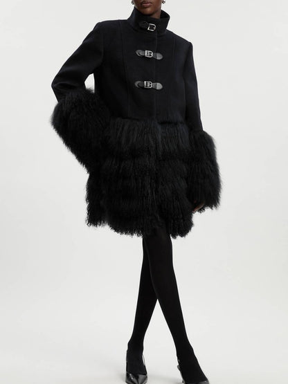 Brushed Wool And Shearling Buckle Detail Short Tailored Coat