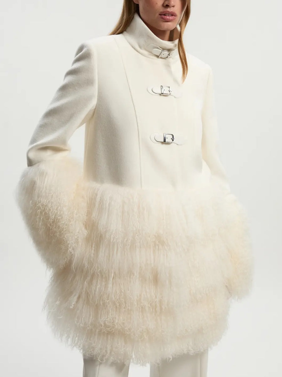 Brushed Wool And Shearling Buckle Detail Short Tailored Coat