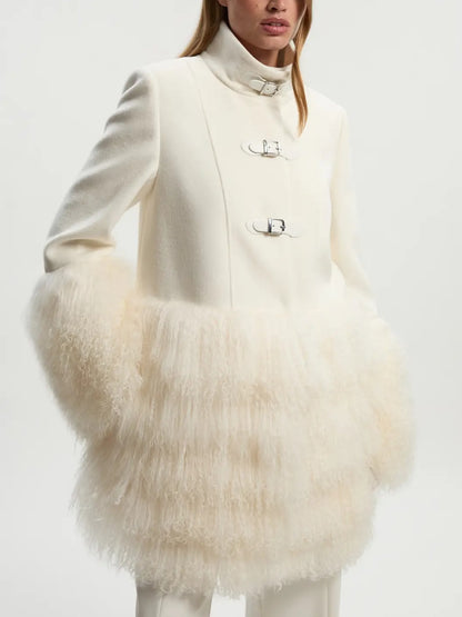 Brushed Wool And Shearling Buckle Detail Short Tailored Coat
