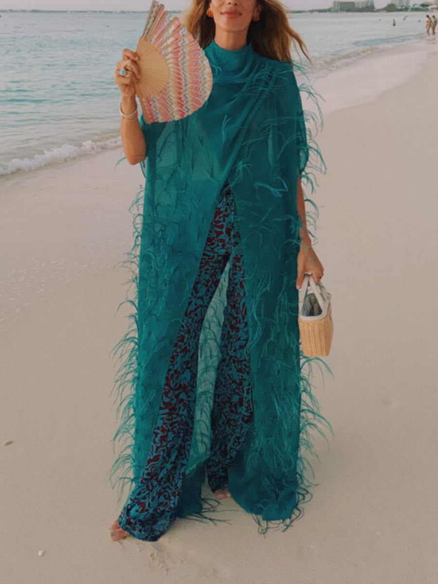 Lightweight Georgette Mock Neck Maxi Top With Feathers