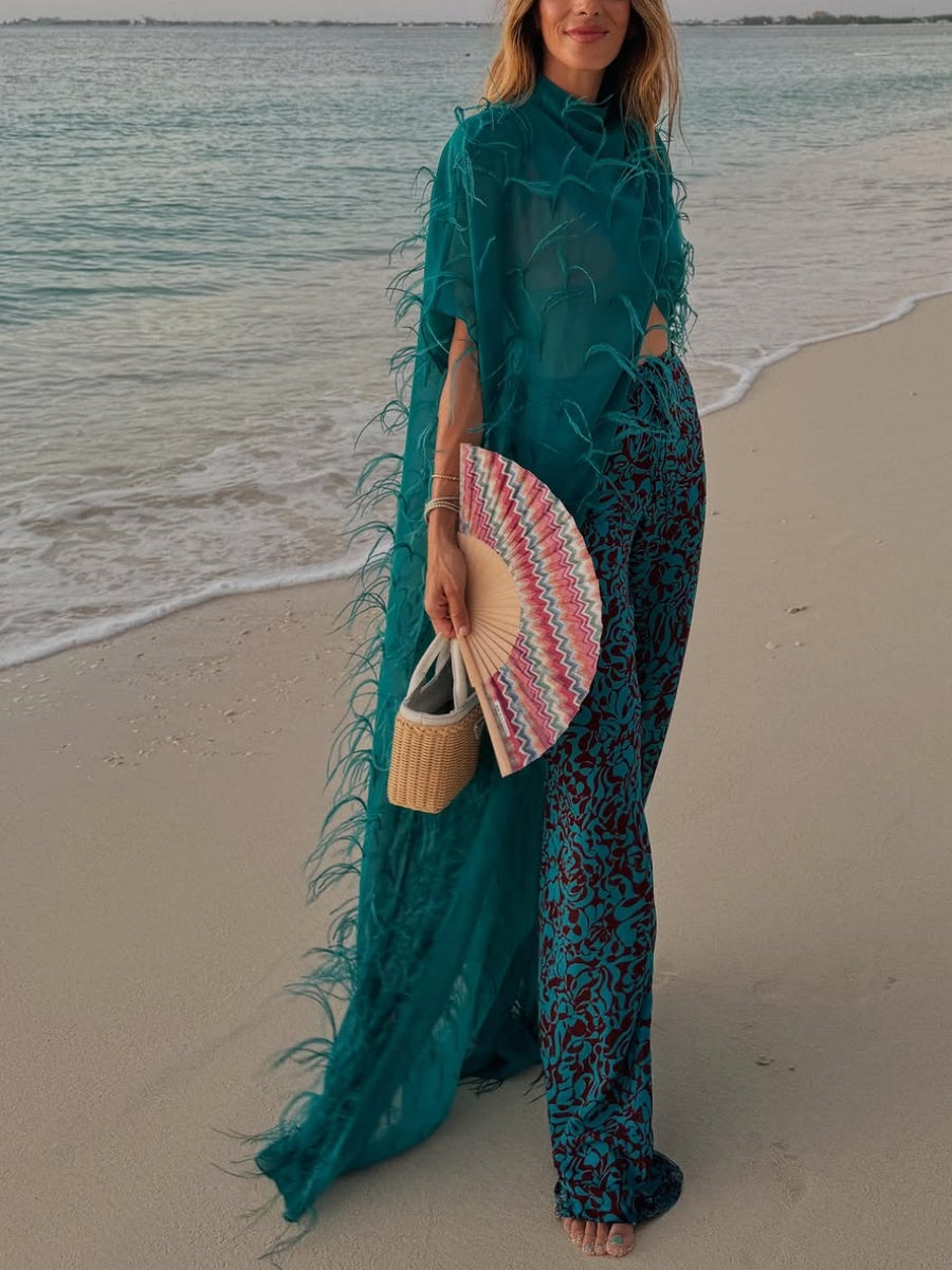 Lightweight Georgette Mock Neck Maxi Top With Feathers