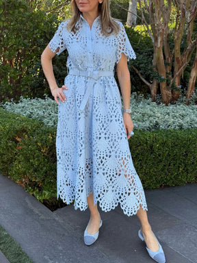Belted Short Sleeve Lace Midi Dress