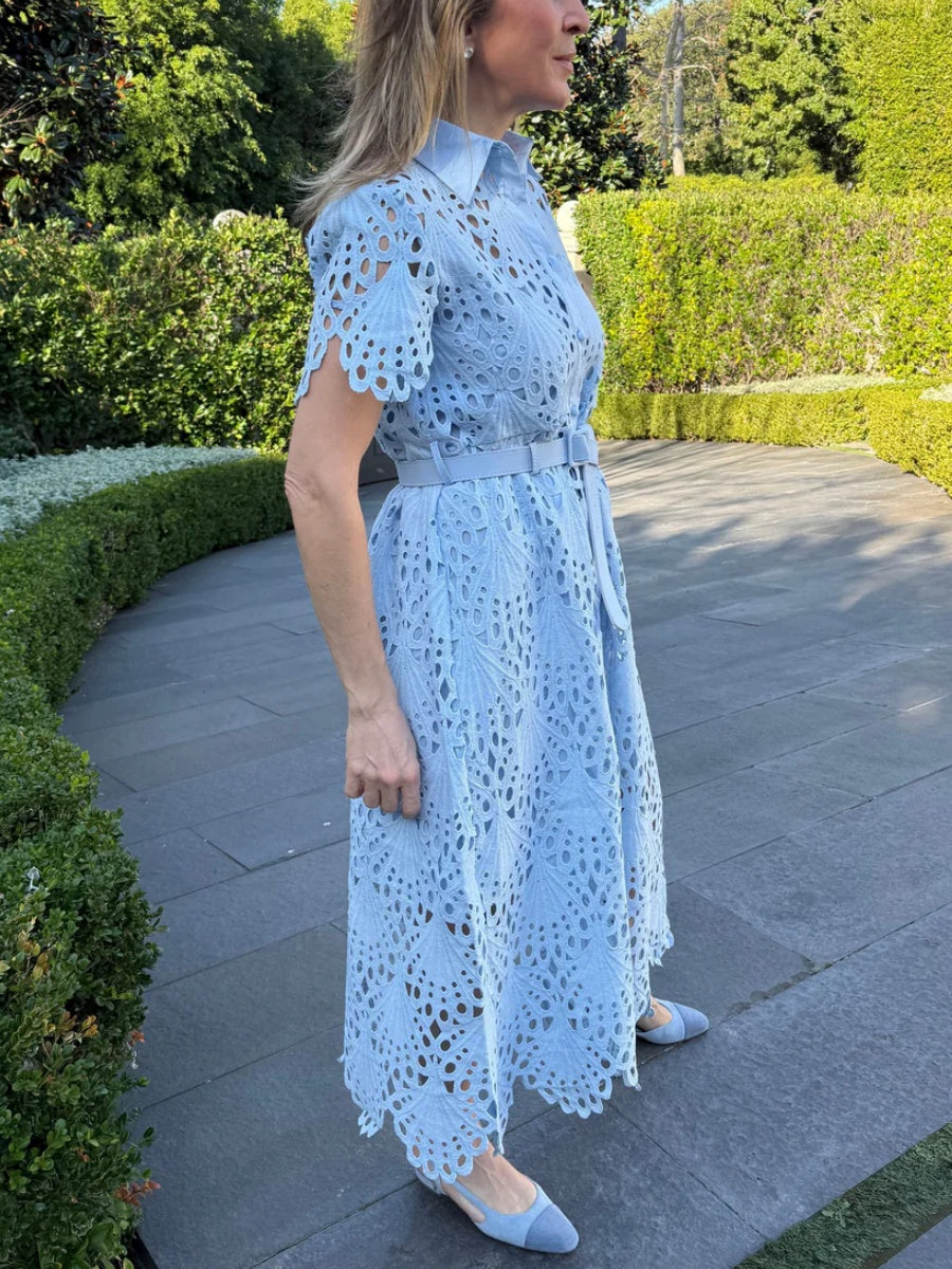 Belted Short Sleeve Lace Midi Dress