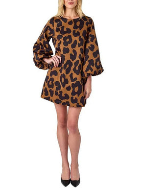 Puff Sleeve Leopard Mini Shift Dress