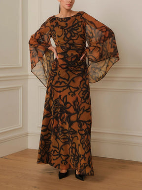 LONG PRINTED DRESS WITH WIDE SLEEVES
