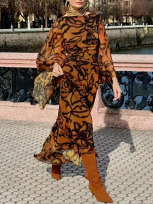 LONG PRINTED DRESS WITH WIDE SLEEVES