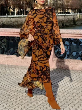 LONG PRINTED DRESS WITH WIDE SLEEVES