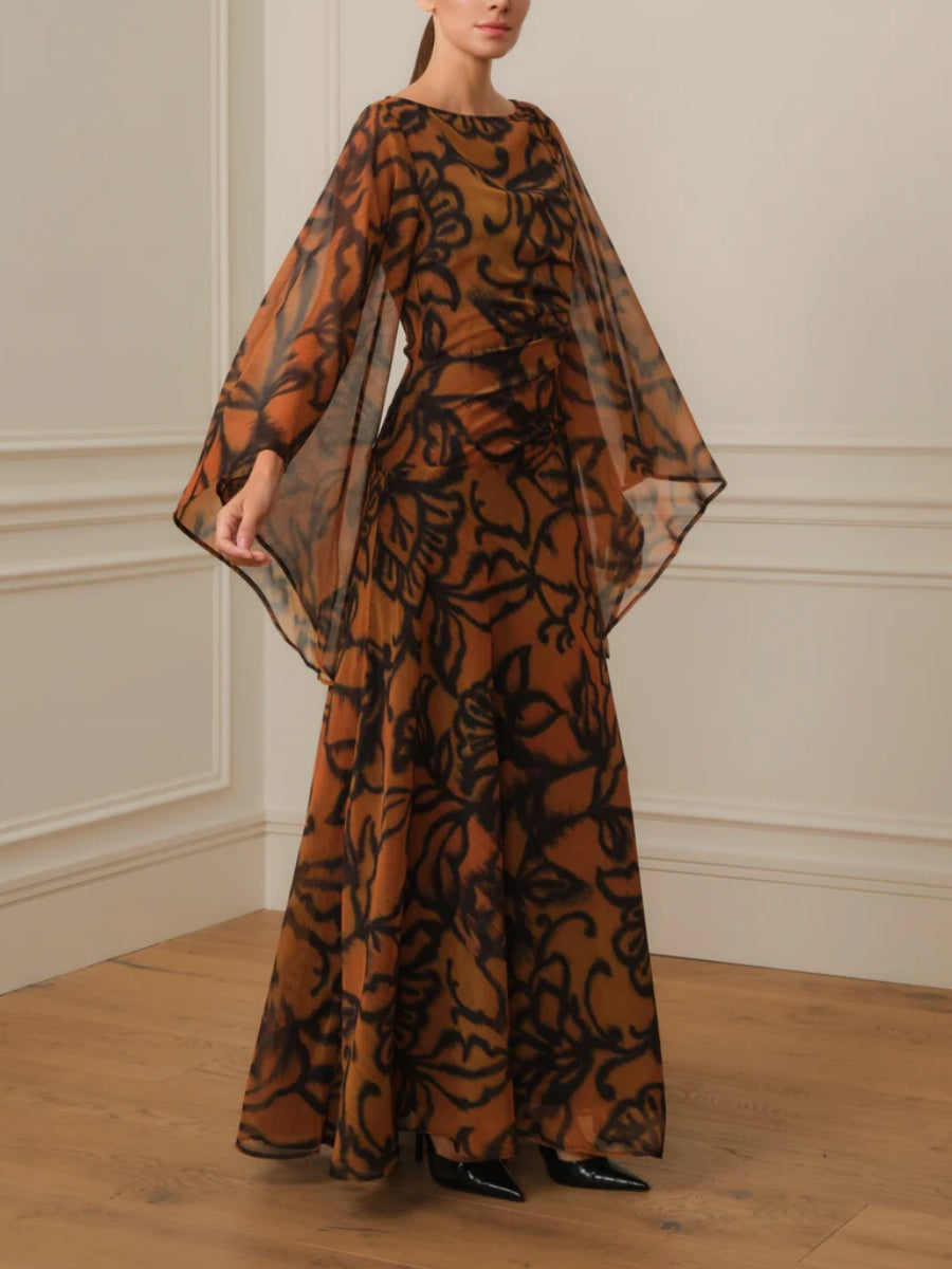 LONG PRINTED DRESS WITH WIDE SLEEVES