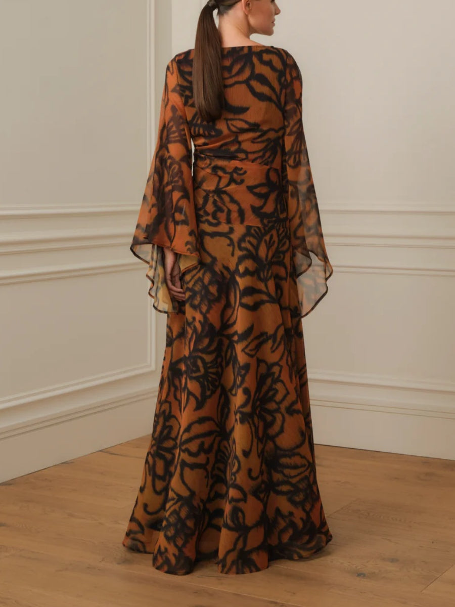LONG PRINTED DRESS WITH WIDE SLEEVES