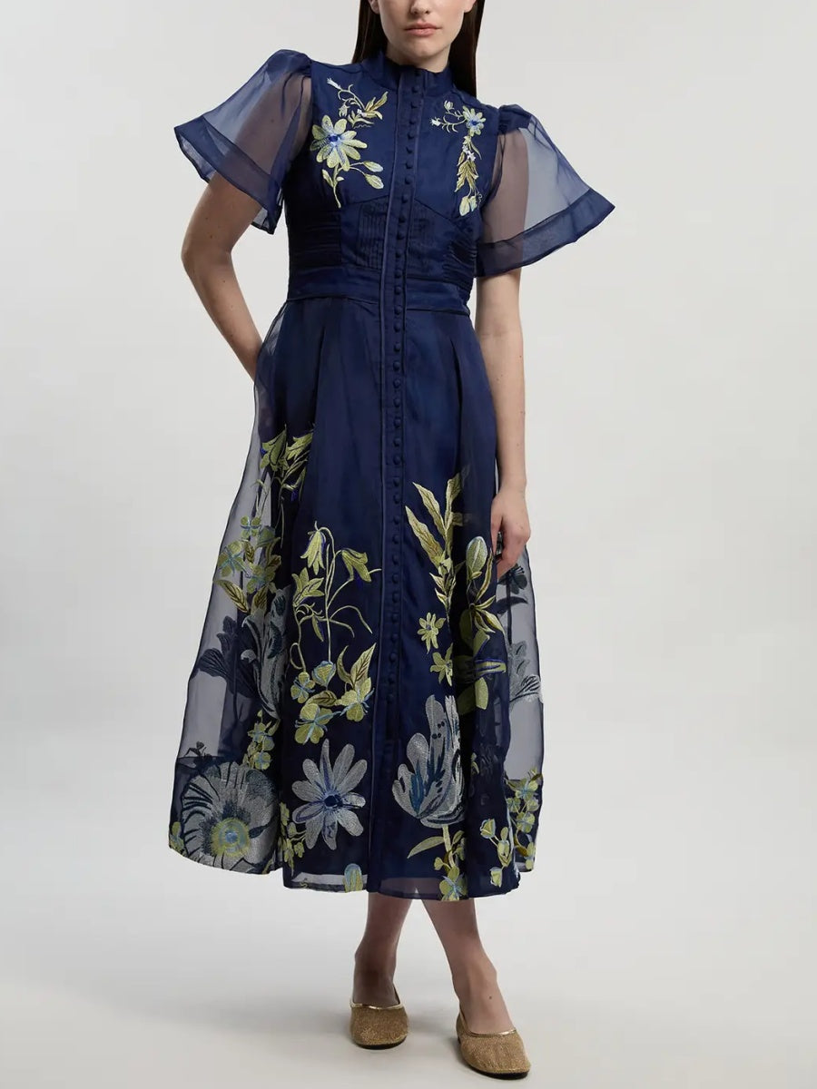 Embroidery Organdie Angel Sleeve Midi Dress