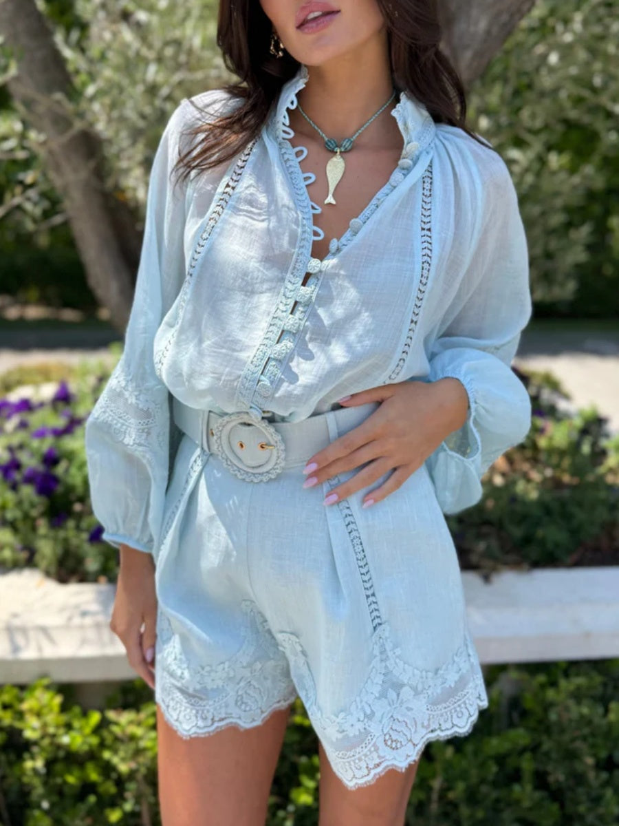 Sky Blue Linen and Lace Set