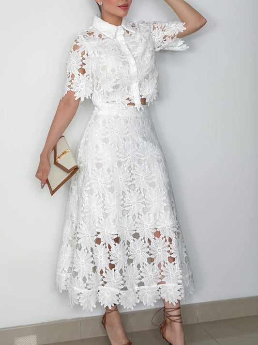 Hollow-out crop top and skirt set