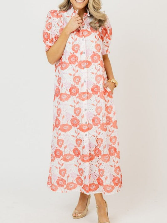 Eyelet Floral Print Maxi Dress