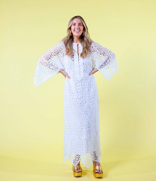 Lace Round Neck 3/4 Sleeve Caftan Maxi Dress