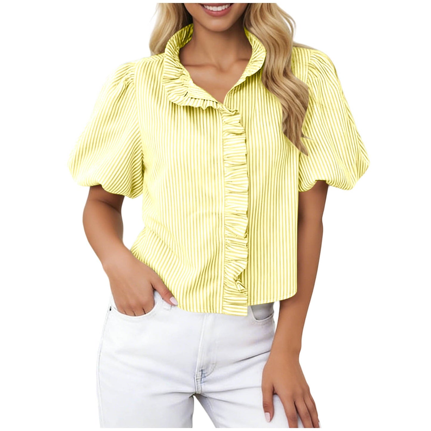 Short Puff Sleeve Button Down Shirts