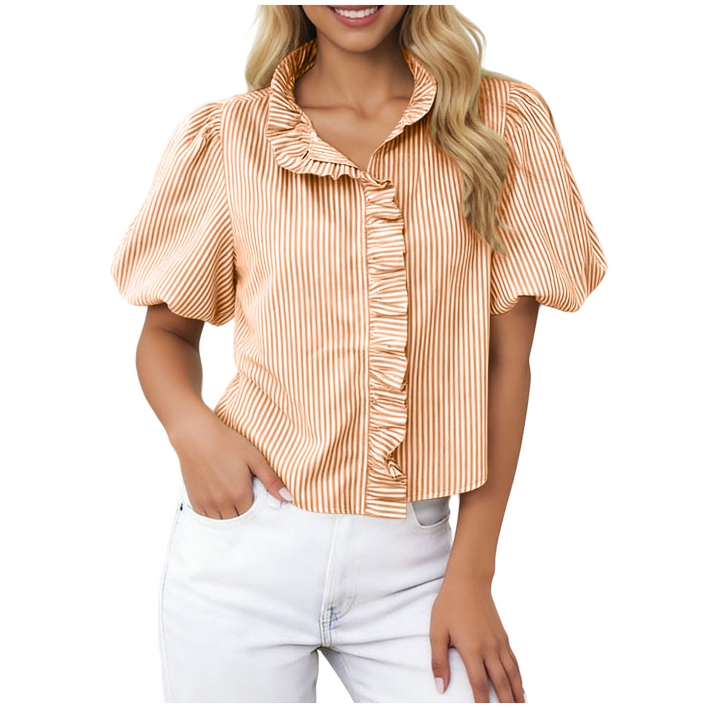 Short Puff Sleeve Button Down Shirts