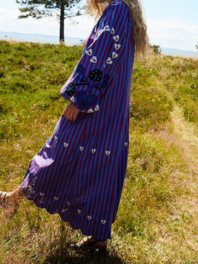 Printed Stripes V Neck Loose Maxi Dress