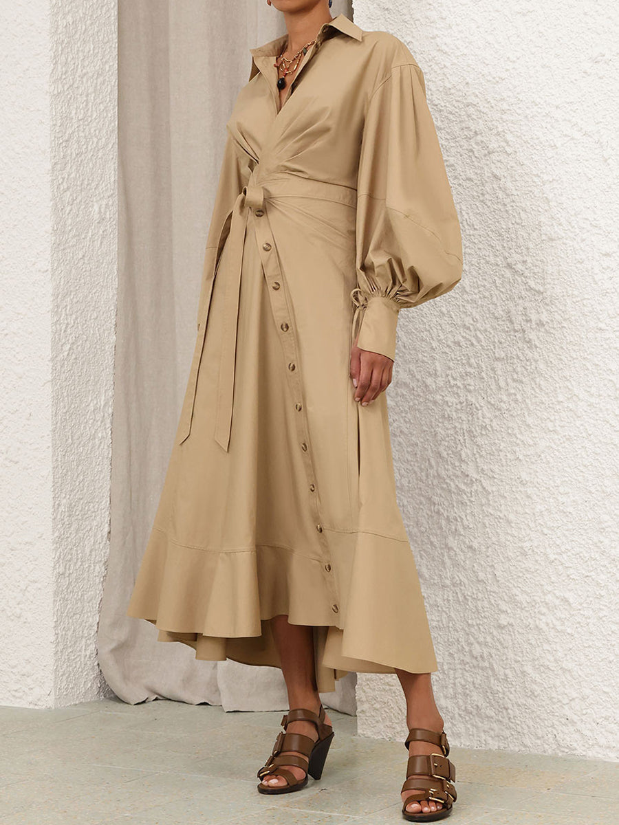 Asymmetrical Hem Blouson Sleeves Wrap Dress