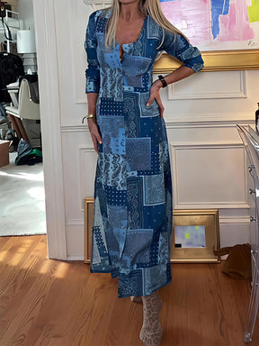 Printed Button-up V Neck Slit Hem Dress