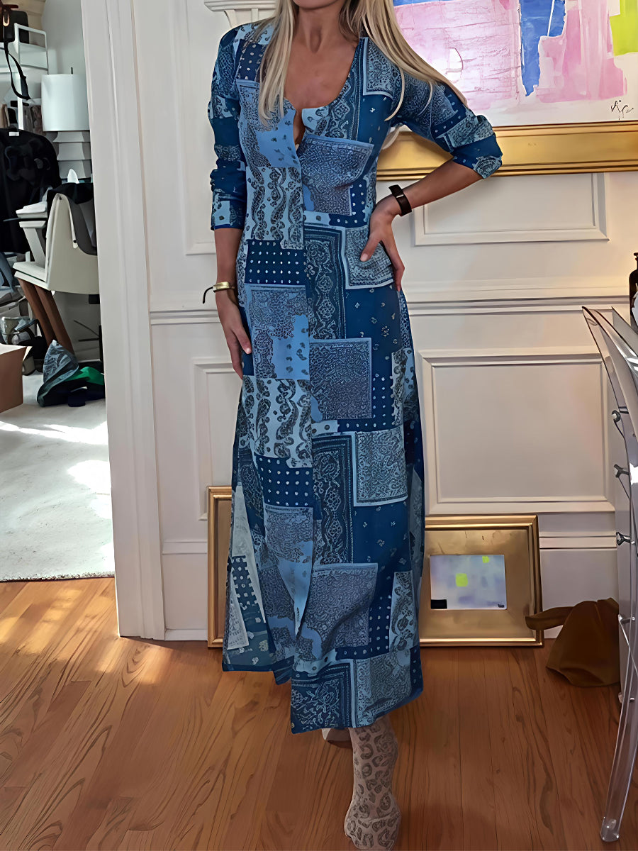 Printed Button-up V Neck Slit Hem Dress