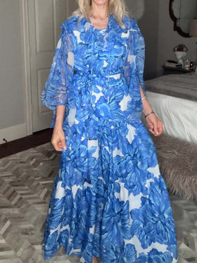 Printed Chiffon Lace Up Neck Maxi Dress