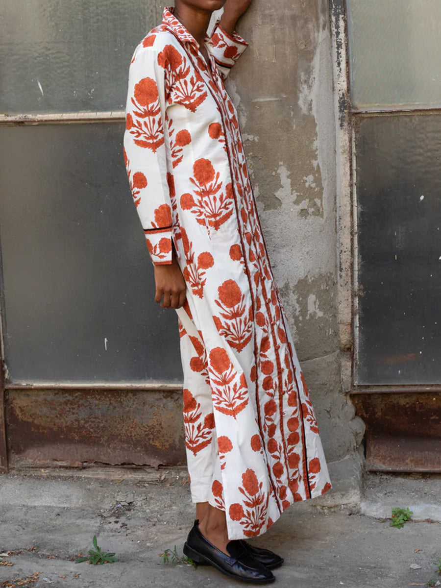 Placement Print Belted Long Sleeve Maxi Dress