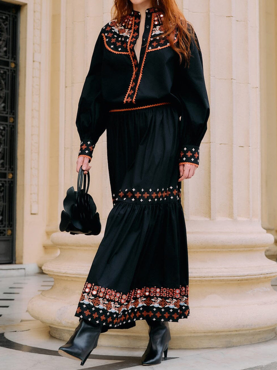 Embroidered Buttoned Shirt & Tiered Maxi Skirt