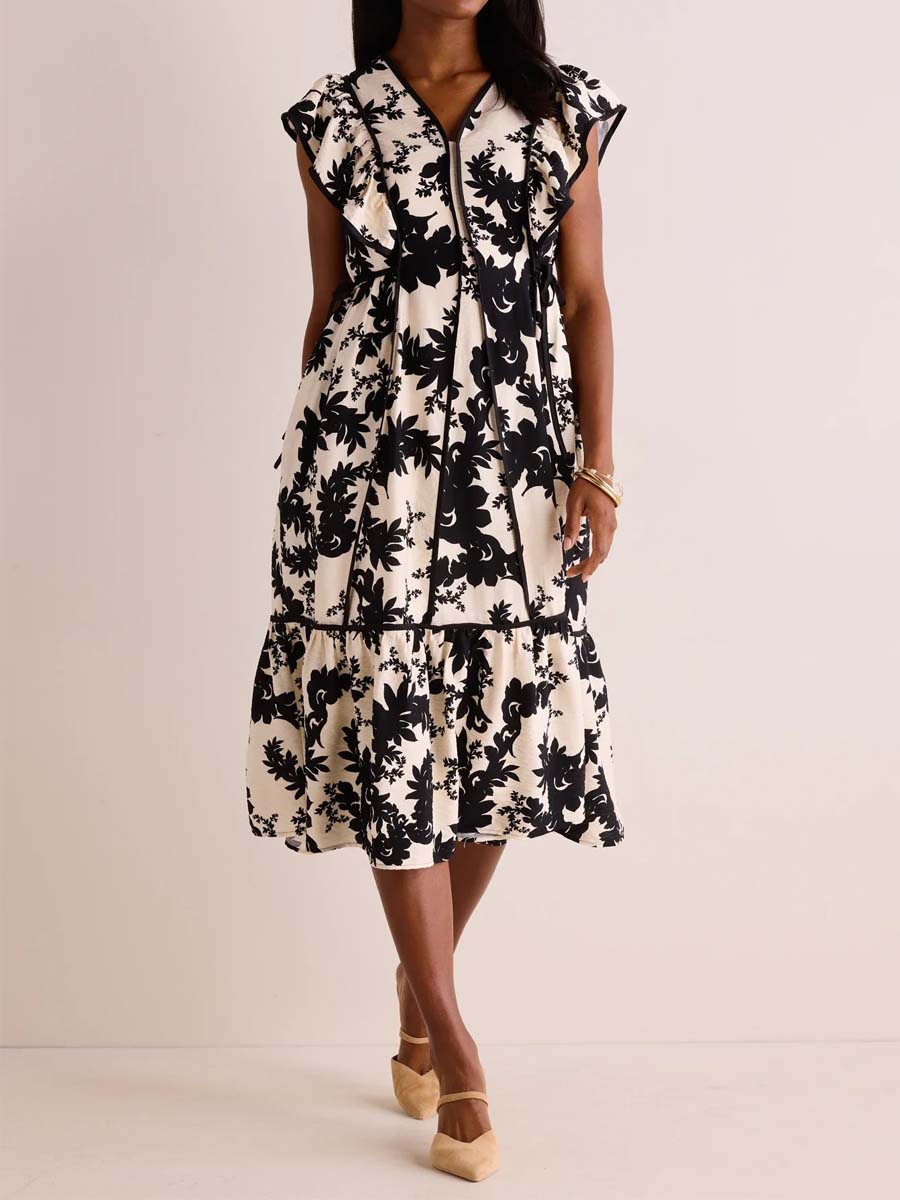 Floral Print V-neck Flutter Sleeve Dress
