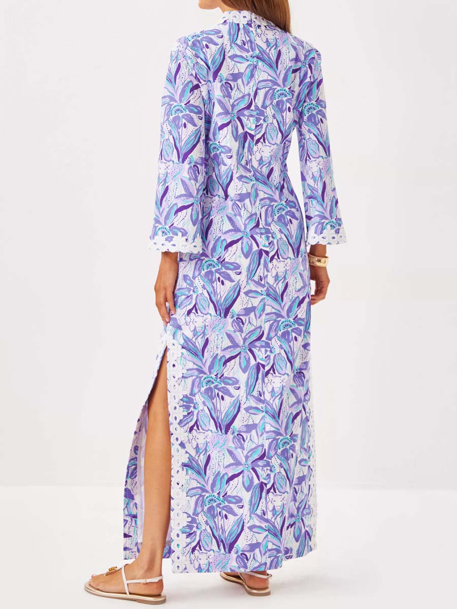 Printed Slit Hem Lace Maxi Dress