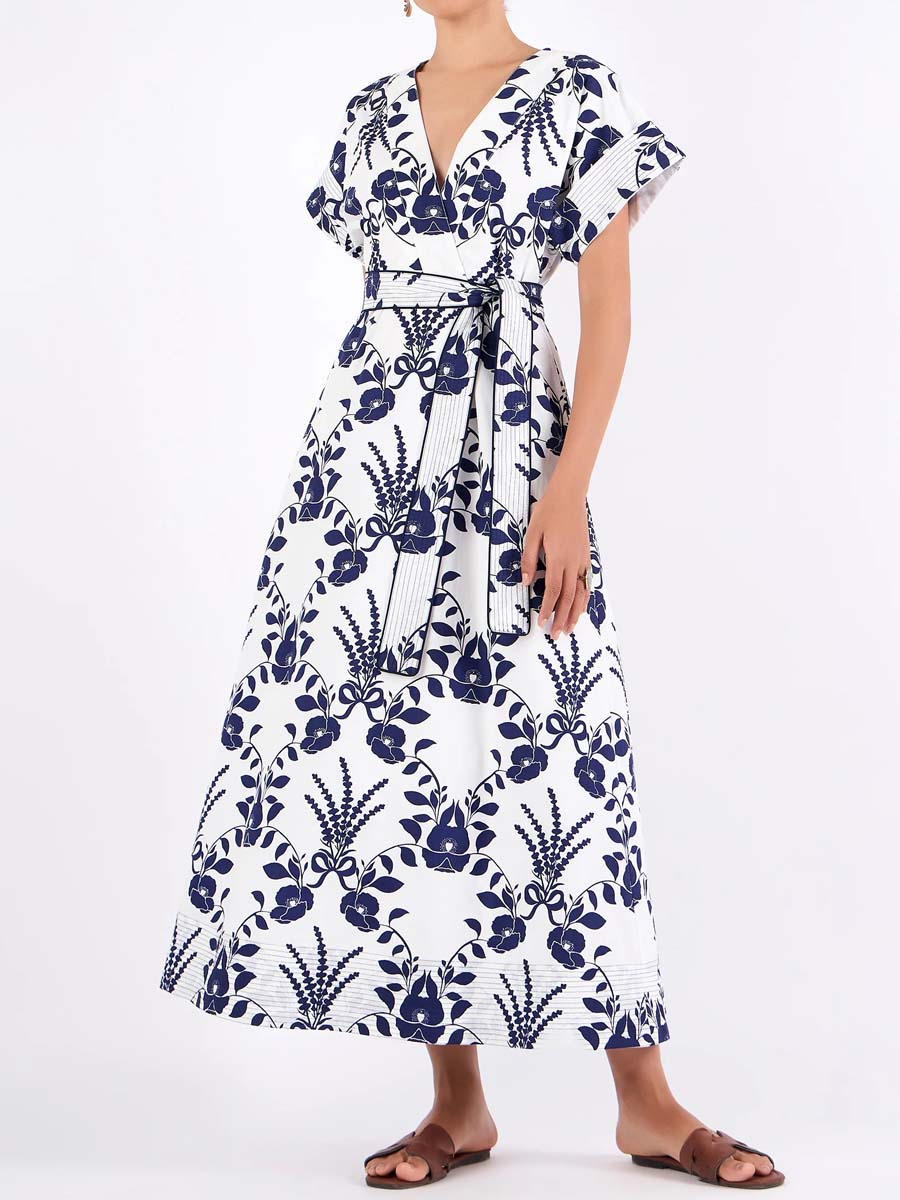 Printed V-neck Belted Maxi Dress
