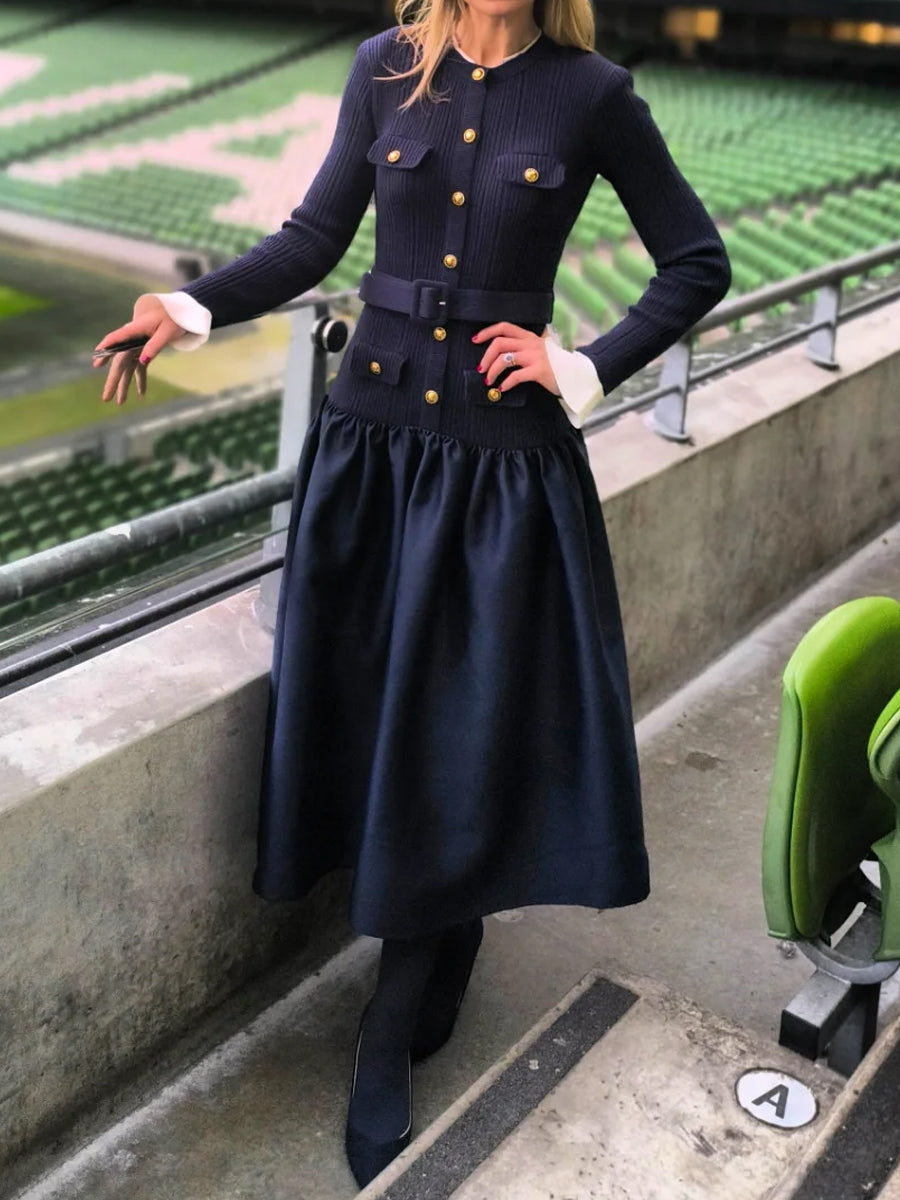 Gold Buttons Contrast Trims Dropped Waist Dress