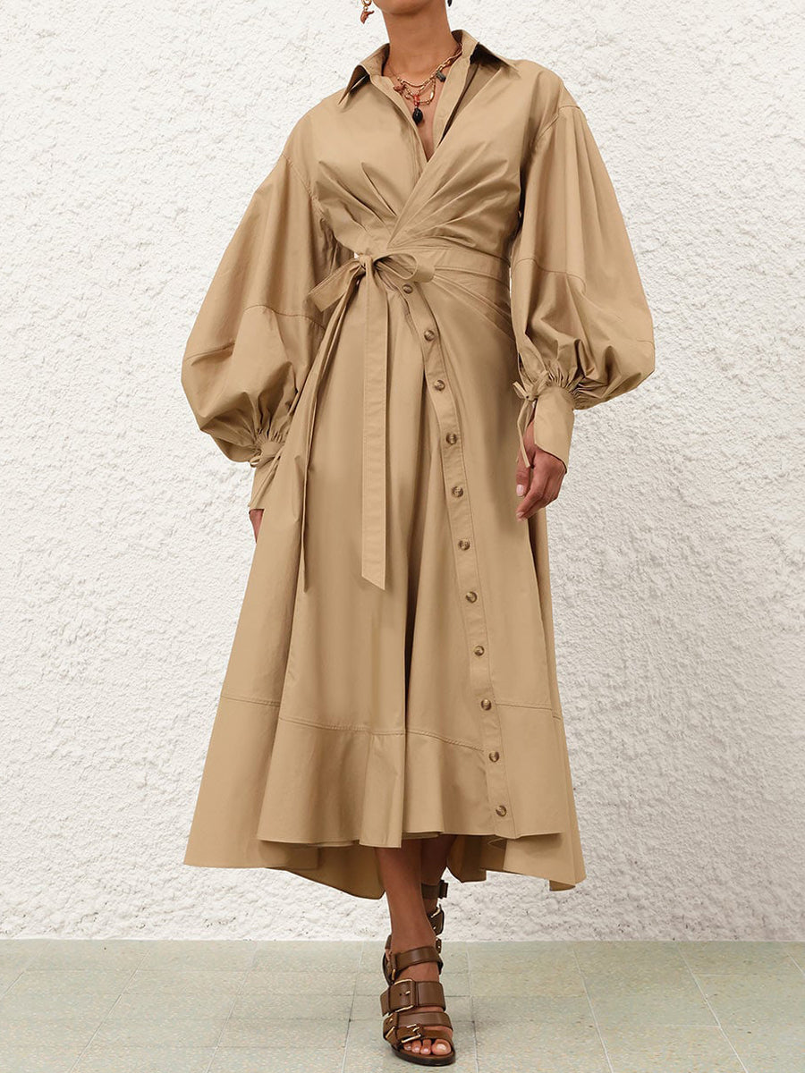Asymmetrical Hem Blouson Sleeves Wrap Dress