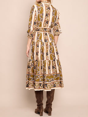 Placed Print Long Sleeve Belted Dress