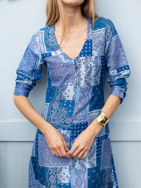 Printed Button-up V Neck Slit Hem Dress