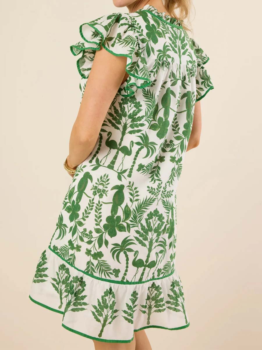 Floral Print Band Collar Flutter Sleeve Dress