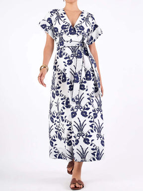 Printed V-neck Belted Maxi Dress