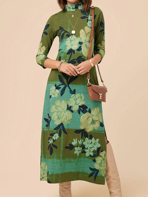 Mock Neck Printed 3/4 Sleeve Length Dress