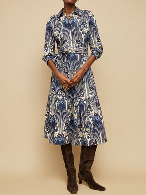 Placed Print Long Sleeve Belted Dress