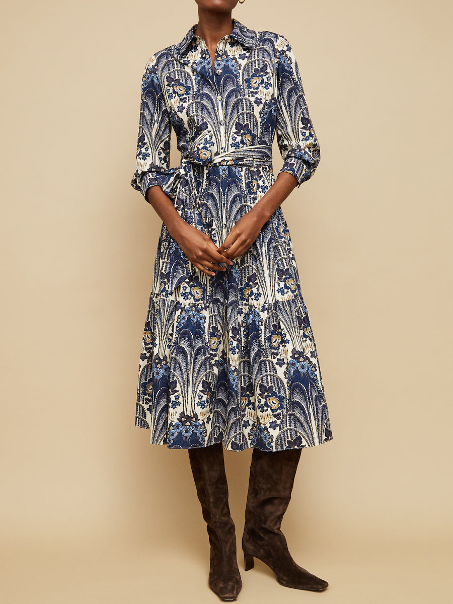 Placed Print Long Sleeve Belted Dress