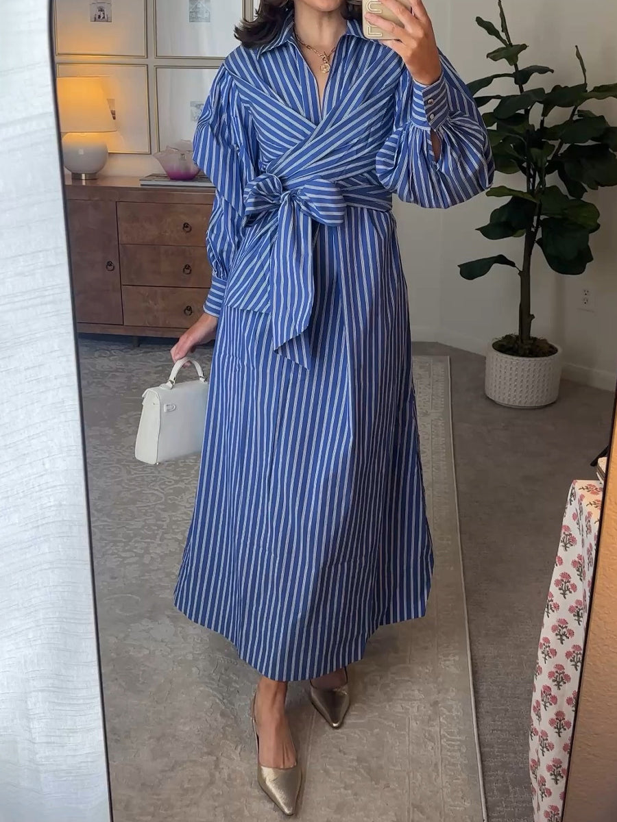 Stripe Long Balloon Sleeves Woven Wrap Detail Shirt Dress