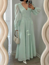 3D Flower V Neck Long Sleeve Belted Maxi Dress