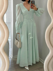 3D Flower V Neck Long Sleeve Belted Maxi Dress